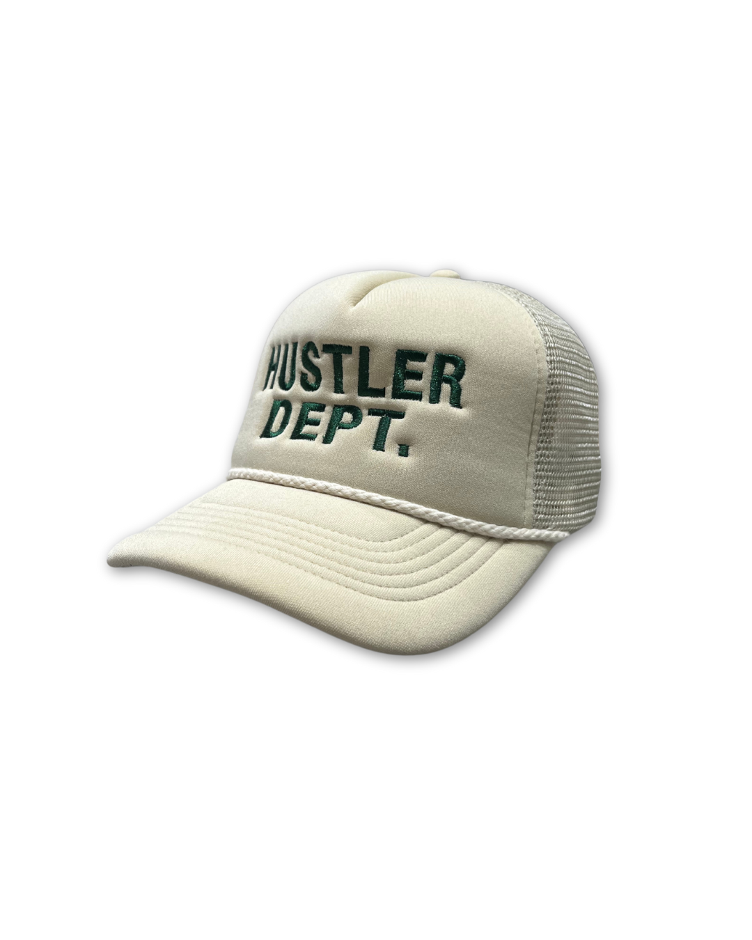 NATURAL WHITE / PINE GREEN "HUSTLER DEPT" TRUCKER HAT