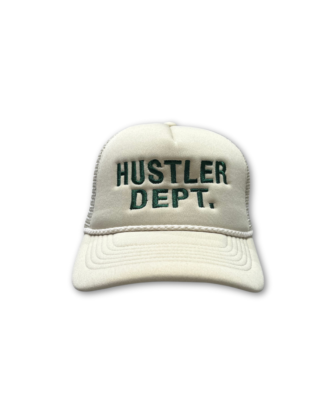 NATURAL WHITE / PINE GREEN "HUSTLER DEPT" TRUCKER HAT