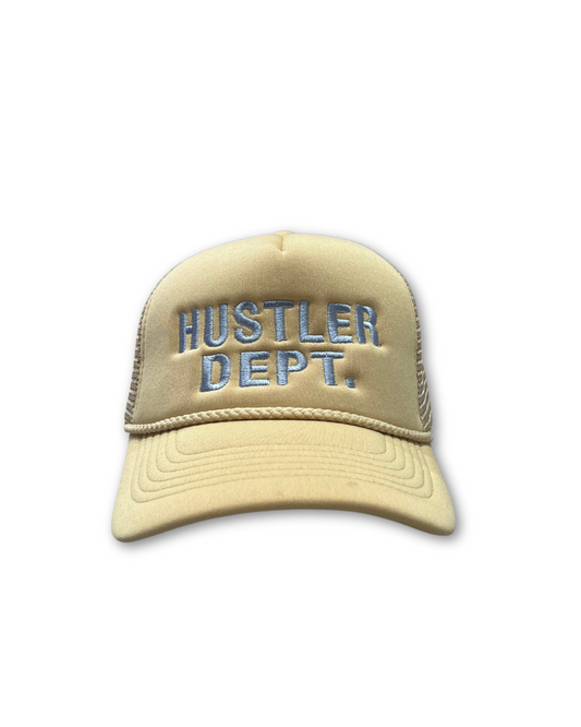 MUSTARD / LIGHT BLUE "HUSTLER DEPT" TRUCKER HAT