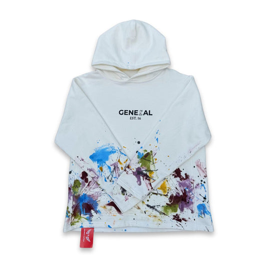 GENERAL “WEARABLE ART” DESIGNER HOODIE - WHITE / MULTICOLOR PAINT
